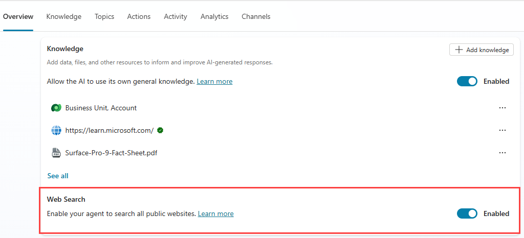 images 1 of Summary of knowledge sources for agents in Copilot Studio